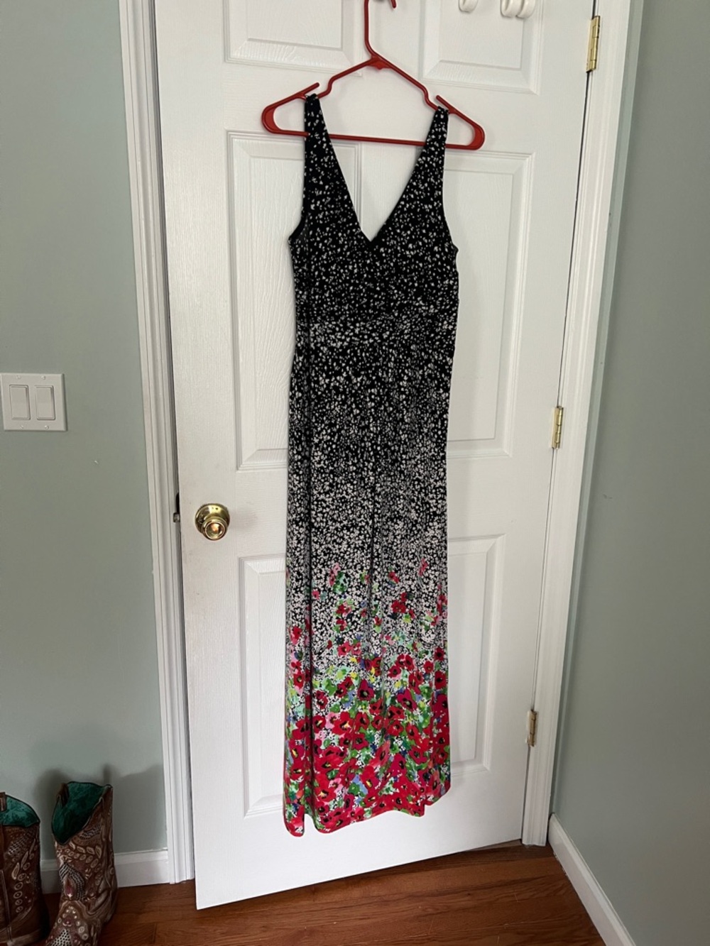 Chaps Black Maxi Dress with Red & Green Floral Hem